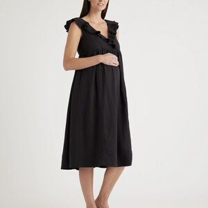 Quince Organic Cotton Gauze Ruffle Front Maternity Dress Black Size XS